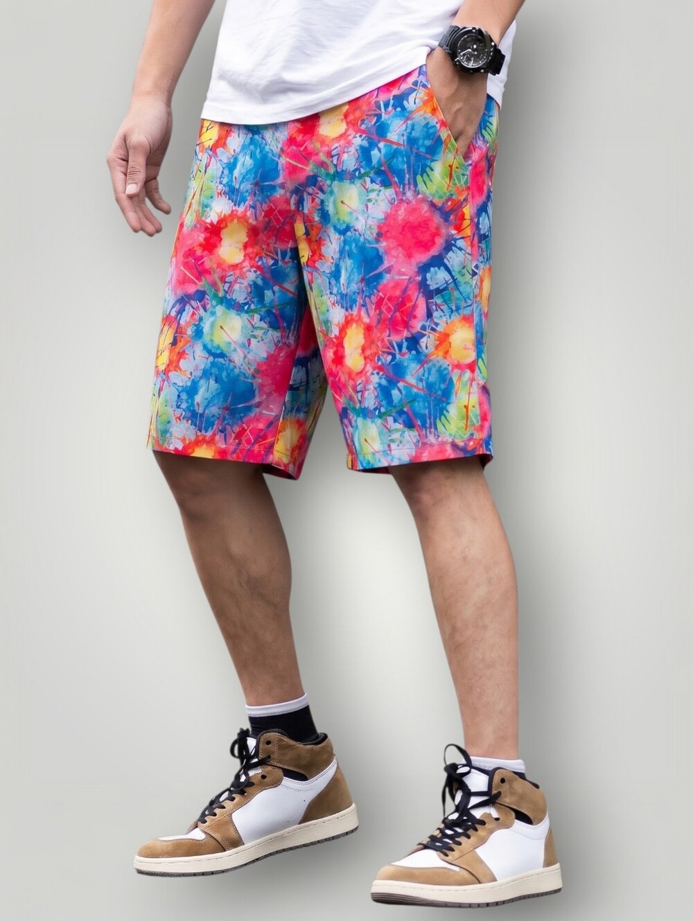 Hreski Watercolor Paint Splatter Golf Shorts Mens 38 Multicolor Pink Blue